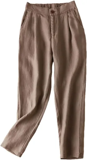 Women's 2024 Linen Harem Pants Elastic High Waisted Button Pants Trousers Casual Loose Fit Pant with Pockets