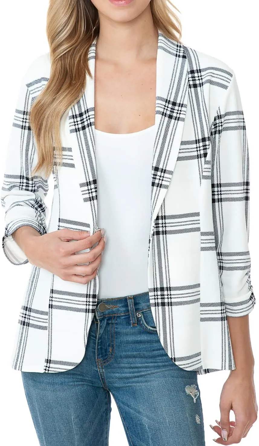 Women's 3/4 Ruched Sleeve Lightweight Work Office Blazer Jacket (S-3XL)