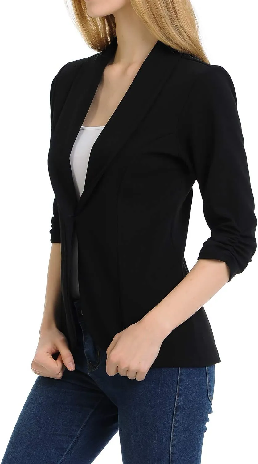 Women's 3/4 Ruched Sleeve Lightweight Work Office Blazer Jacket (S-3XL)