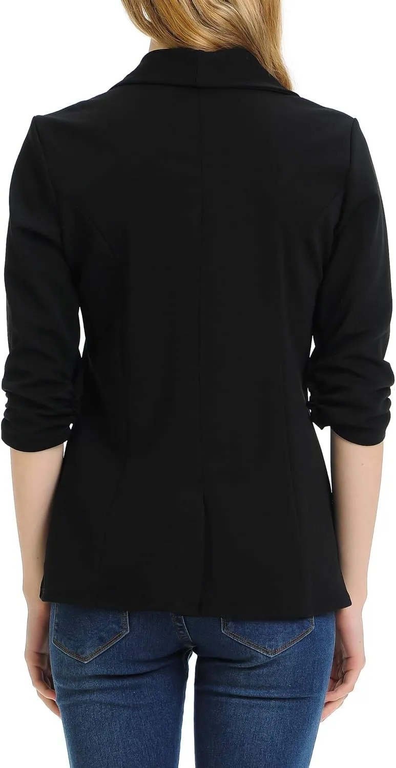 Women's 3/4 Ruched Sleeve Lightweight Work Office Blazer Jacket (S-3XL)