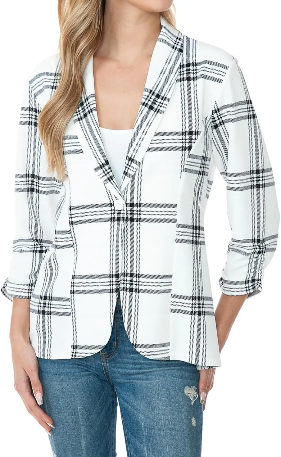 Women's 3/4 Ruched Sleeve Lightweight Work Office Blazer Jacket (S-3XL)
