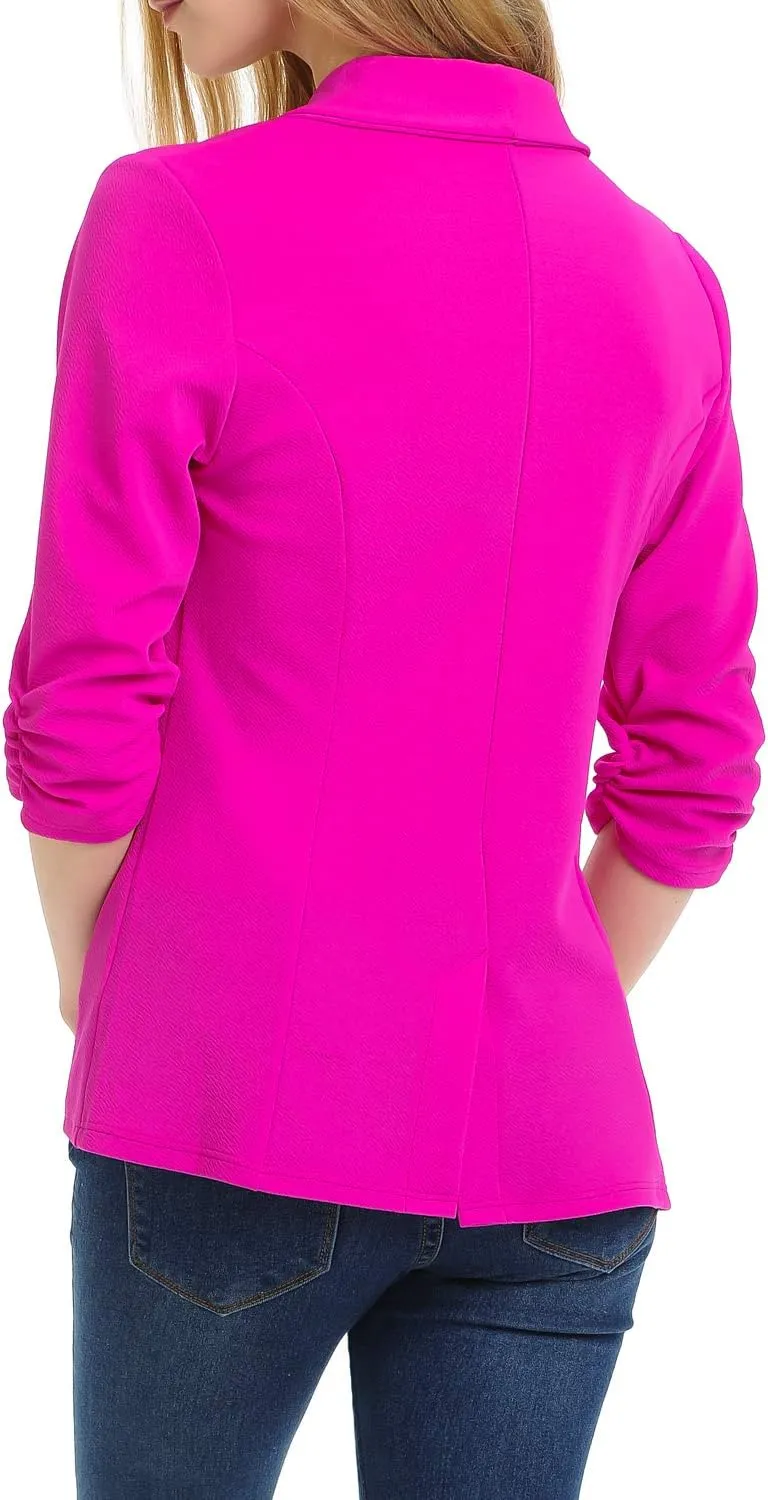 Women's 3/4 Ruched Sleeve Lightweight Work Office Blazer Jacket (S-3XL)