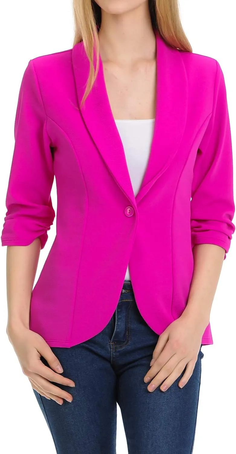 Women's 3/4 Ruched Sleeve Lightweight Work Office Blazer Jacket (S-3XL)