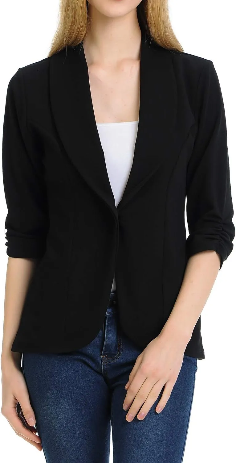 Women's 3/4 Ruched Sleeve Lightweight Work Office Blazer Jacket (S-3XL)