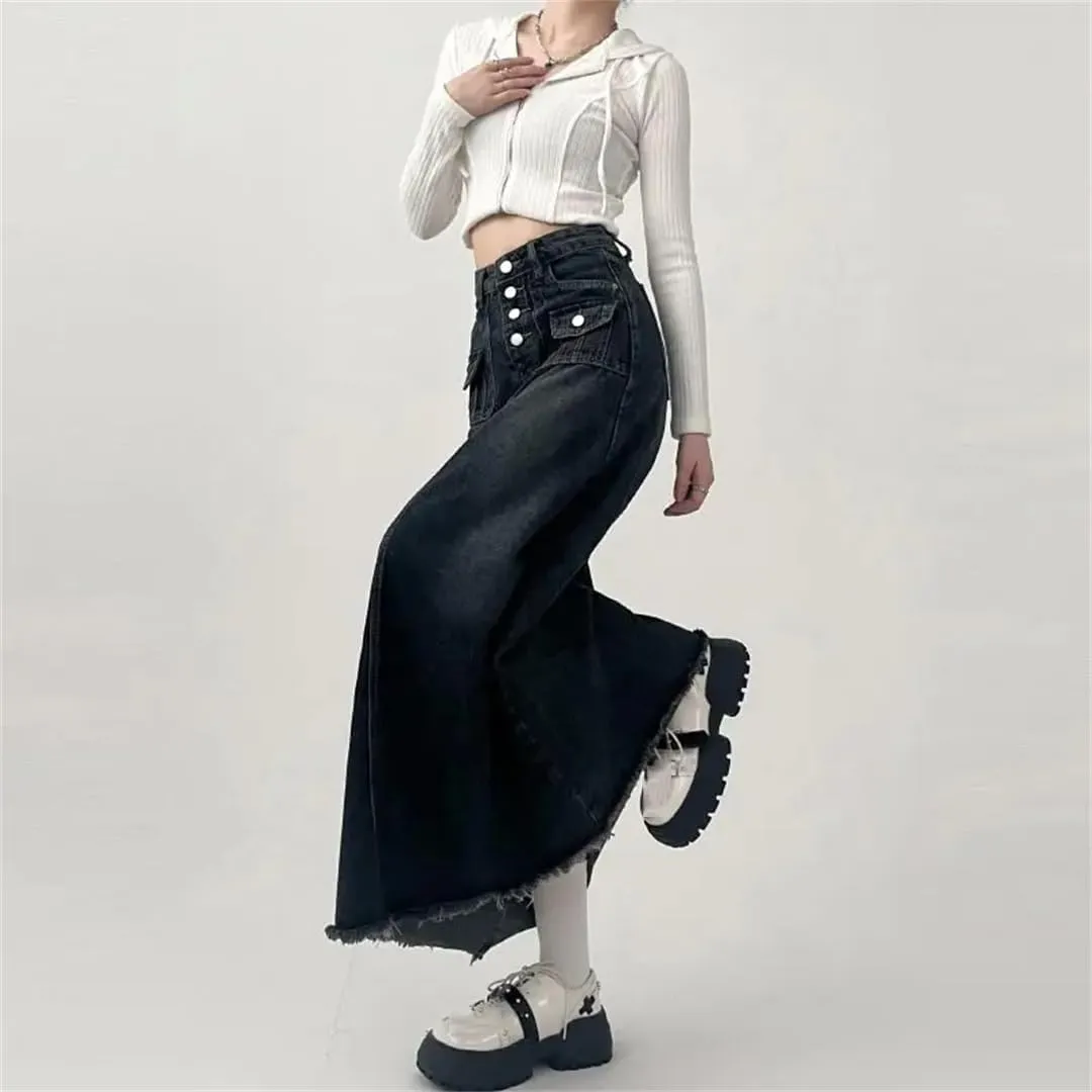 Women's Autumn Long A-Line Mid-Length Skirt High-Waisted Denim Skirt Female