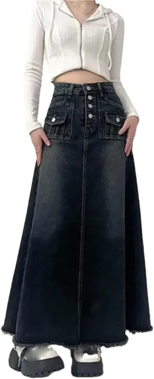 Women's Autumn Long A-Line Mid-Length Skirt High-Waisted Denim Skirt Female