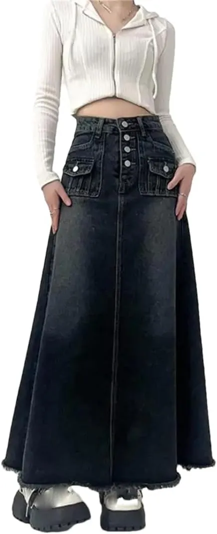 Women's Autumn Long A-Line Mid-Length Skirt High-Waisted Denim Skirt Female