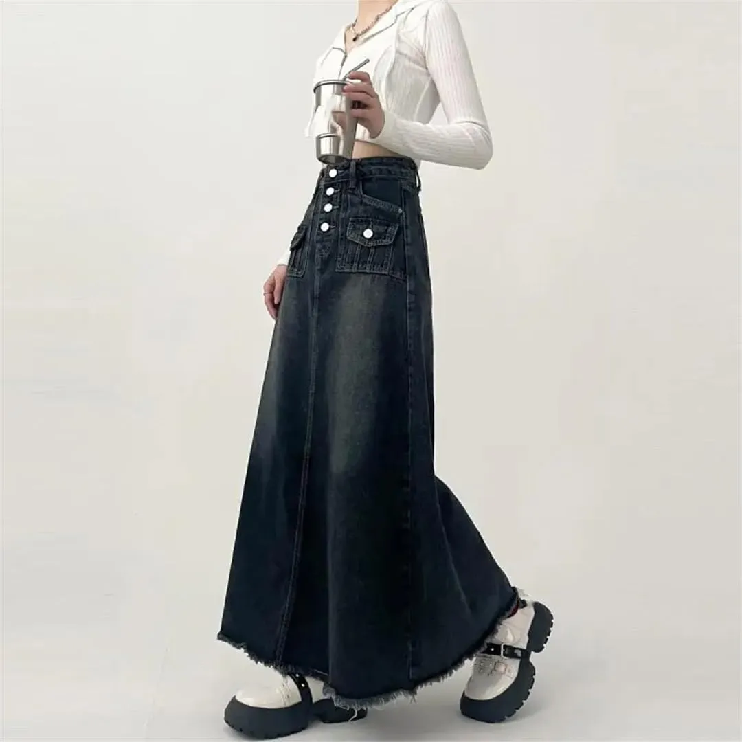 Women's Autumn Long A-Line Mid-Length Skirt High-Waisted Denim Skirt Female