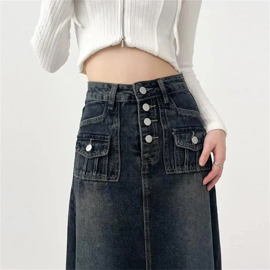 Women's Autumn Long A-Line Mid-Length Skirt High-Waisted Denim Skirt Female