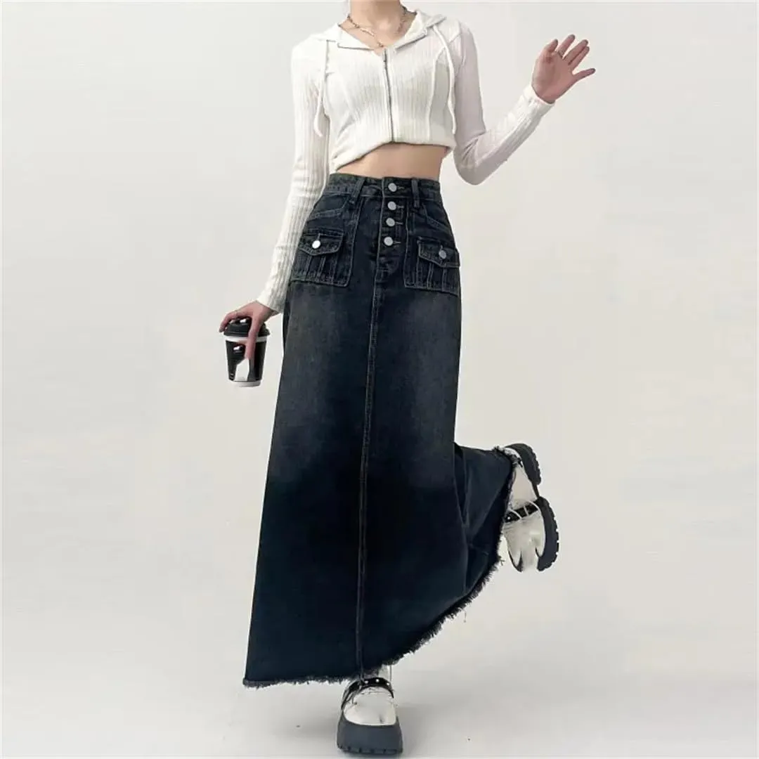 Women's Autumn Long A-Line Mid-Length Skirt High-Waisted Denim Skirt Female