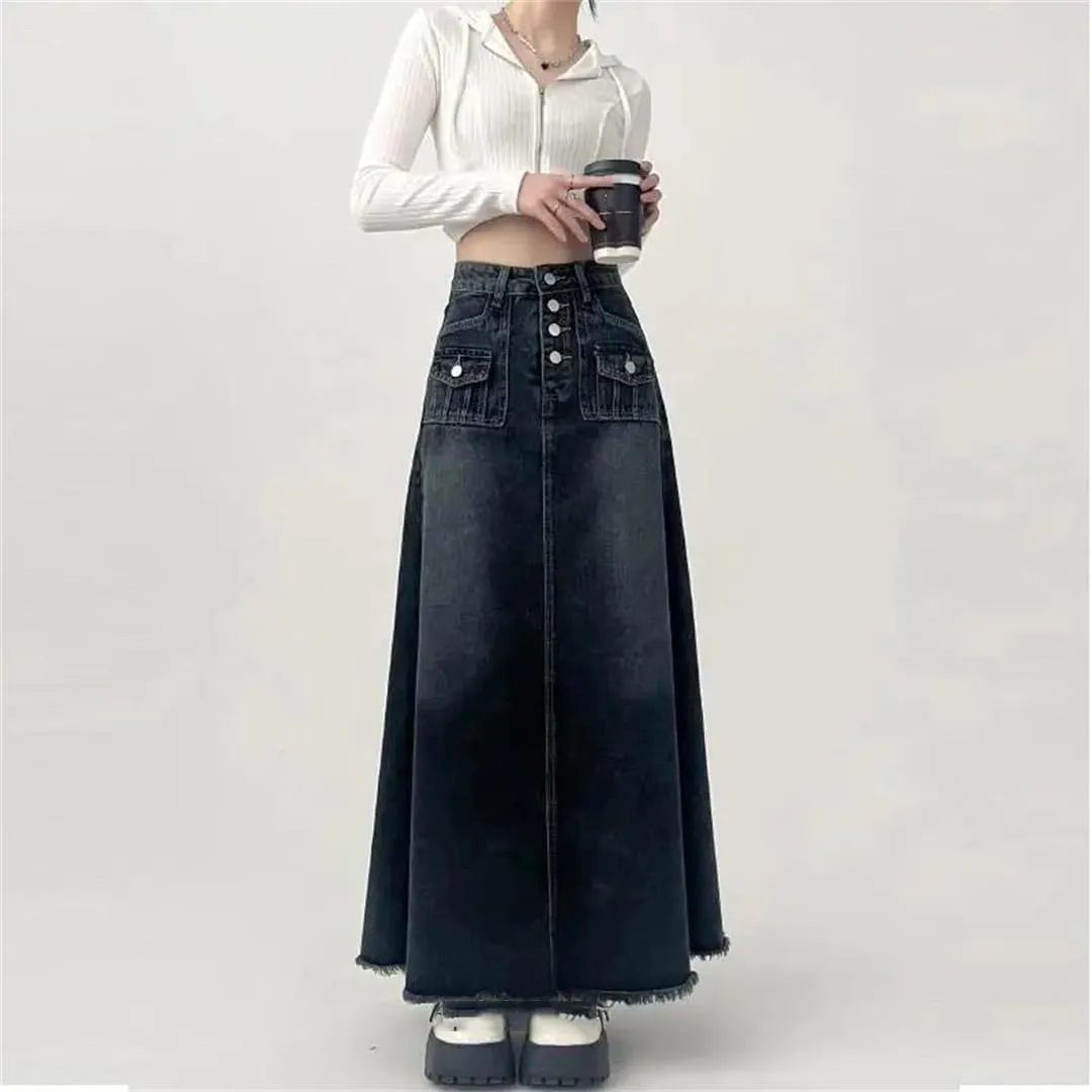 Women's Autumn Long A-Line Mid-Length Skirt High-Waisted Denim Skirt Female