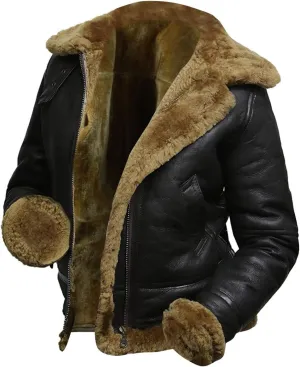 Womens B3 Fur Shearling Aviator Pilot Removable Hoodie Genuine Sheepskin Flight Bomber Brown Leather Jacket