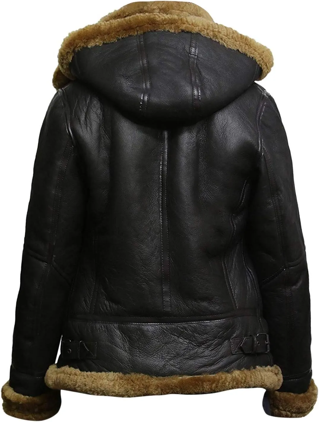 Womens B3 Fur Shearling Aviator Pilot Removable Hoodie Genuine Sheepskin Flight Bomber Brown Leather Jacket