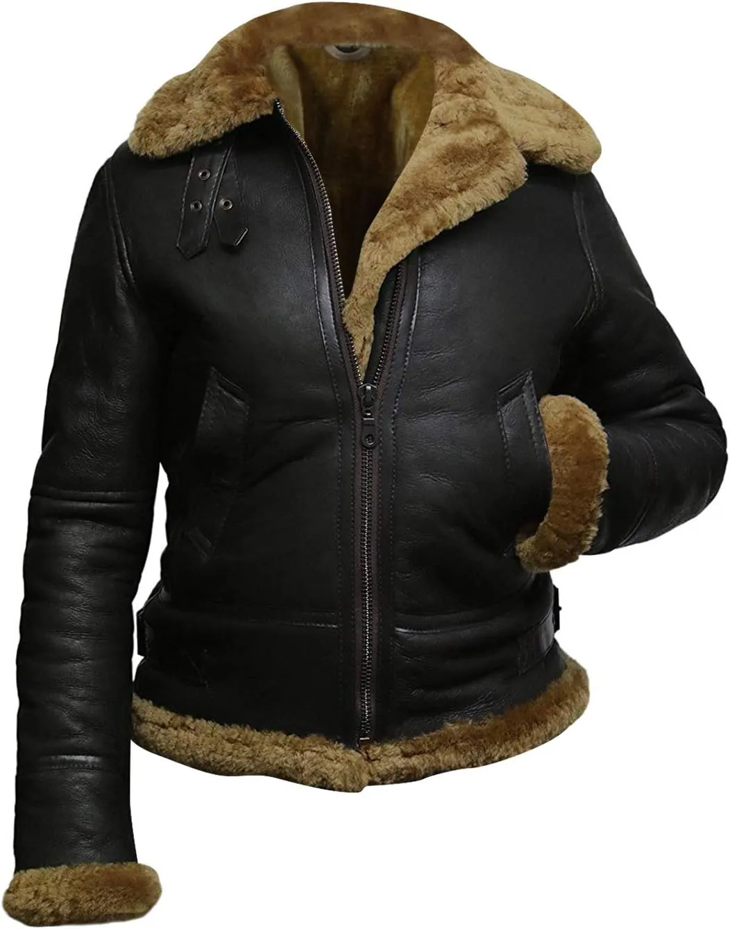 Womens B3 Fur Shearling Aviator Pilot Removable Hoodie Genuine Sheepskin Flight Bomber Brown Leather Jacket