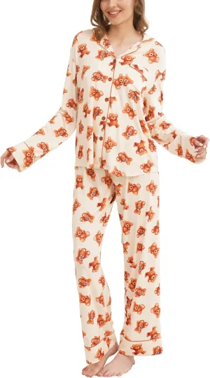 Womens Bamboo Viscose Pajama Sets Notch Collar Button Down Long Sleeve Sleepwear Comfy PJ Set