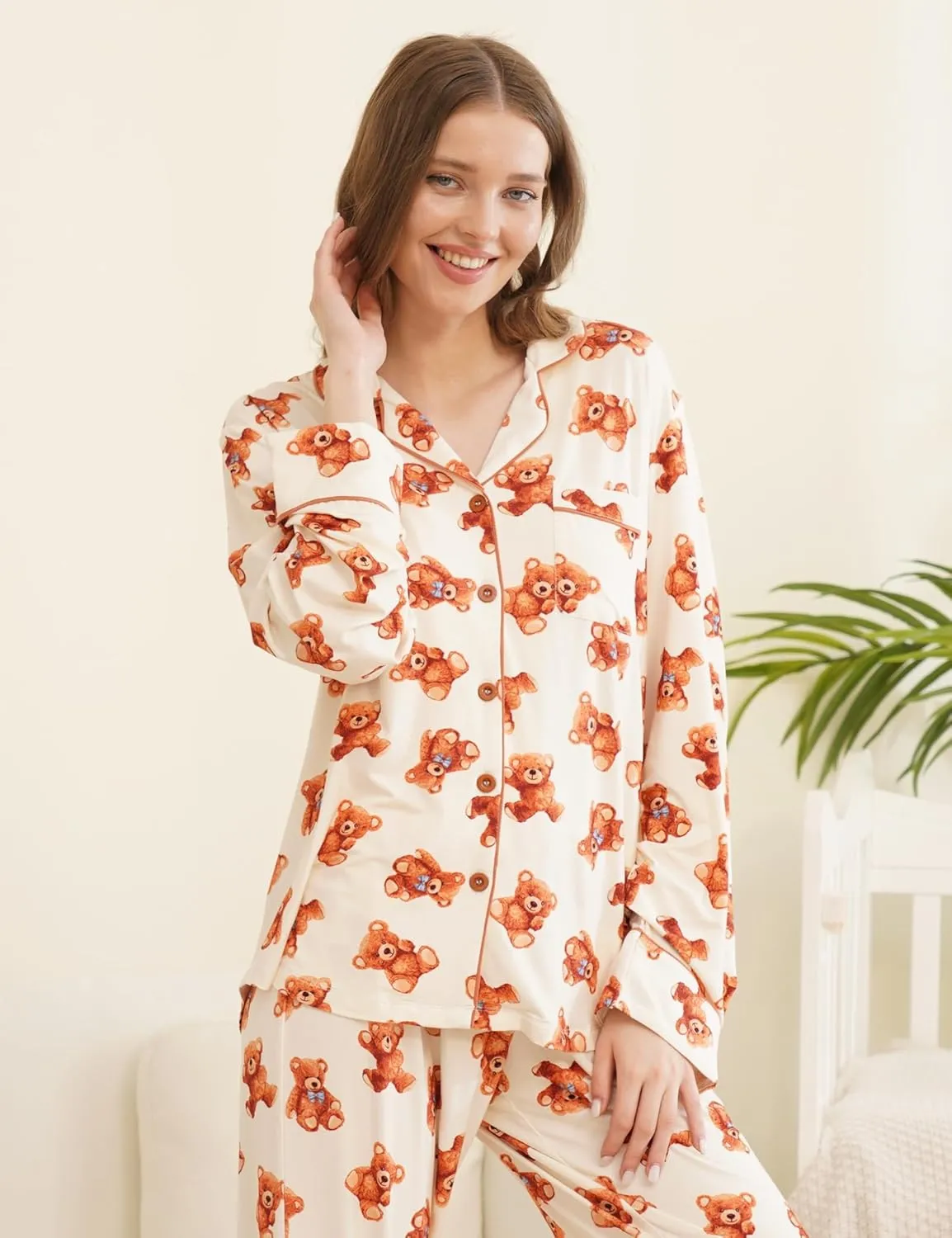 Womens Bamboo Viscose Pajama Sets Notch Collar Button Down Long Sleeve Sleepwear Comfy PJ Set