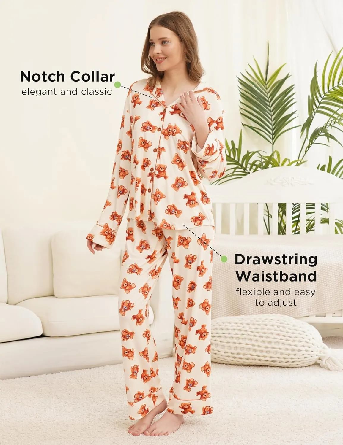 Womens Bamboo Viscose Pajama Sets Notch Collar Button Down Long Sleeve Sleepwear Comfy PJ Set
