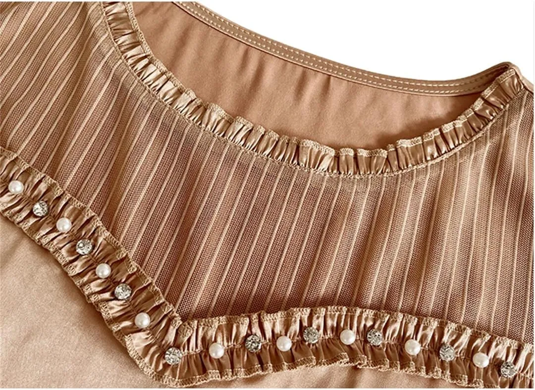 Women's Beaded Tank Top Summer Silk Satin Shirt Round Neck Sleeveless Camisole