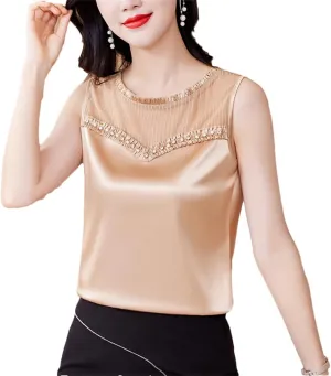 Women's Beaded Tank Top Summer Silk Satin Shirt Round Neck Sleeveless Camisole