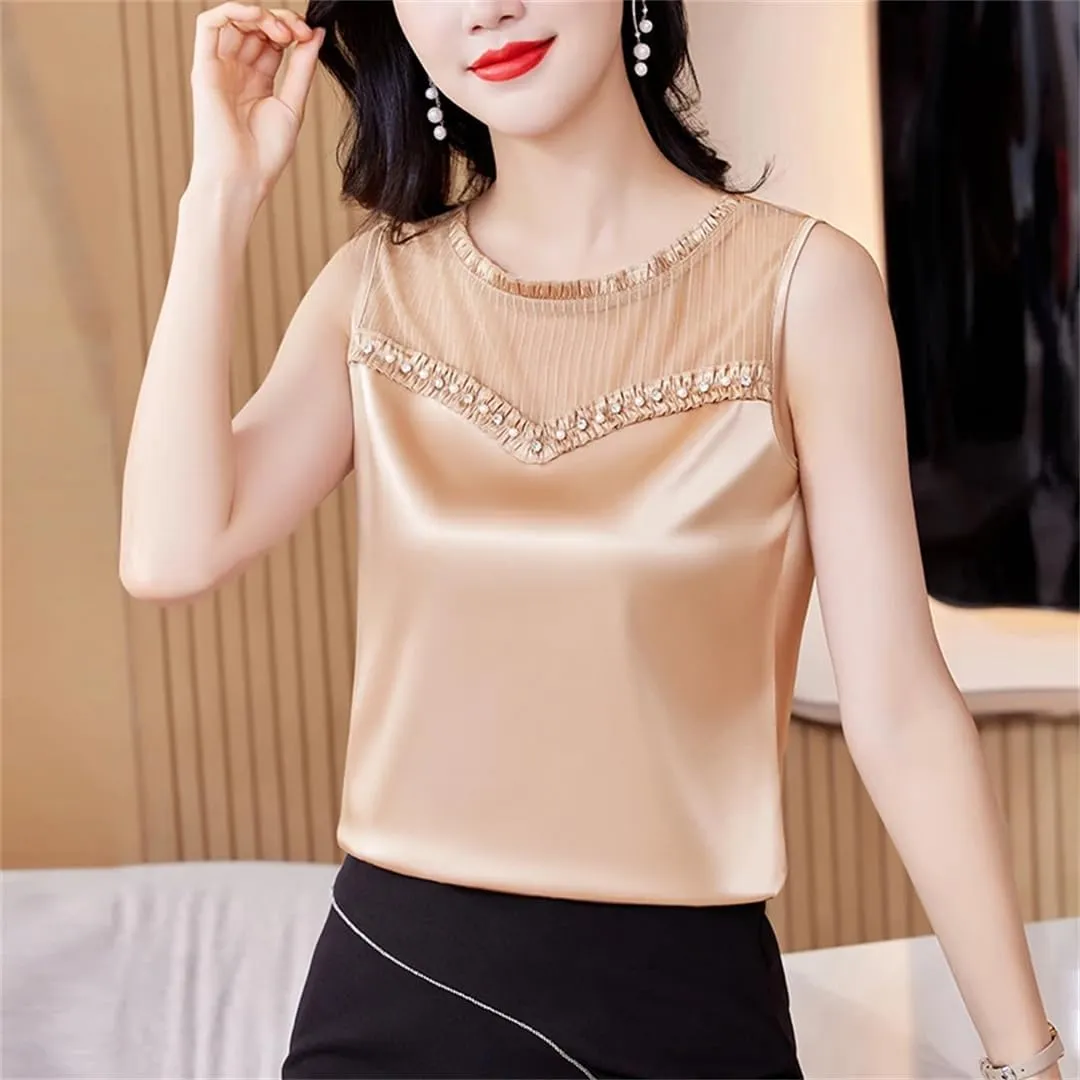 Women's Beaded Tank Top Summer Silk Satin Shirt Round Neck Sleeveless Camisole