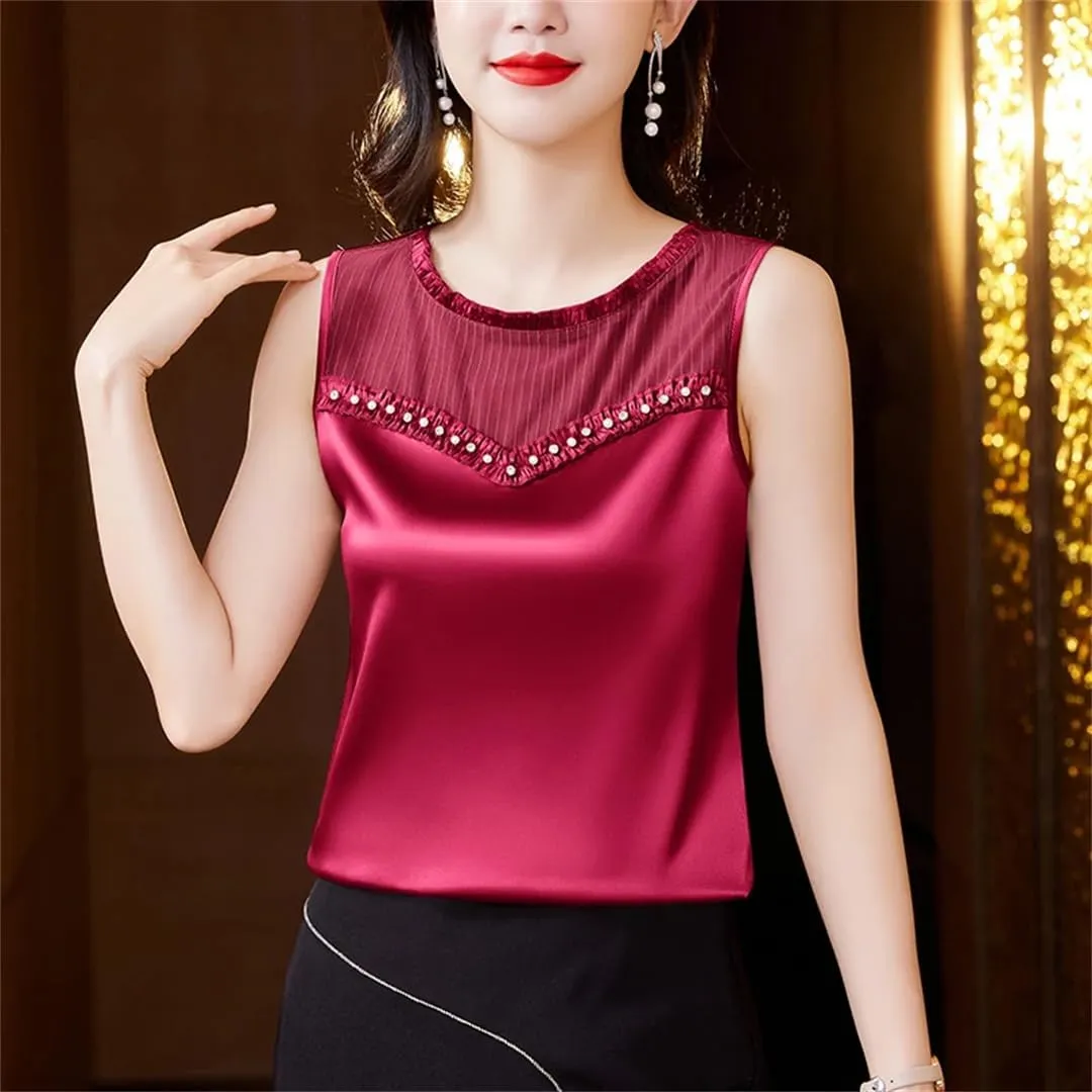 Women's Beaded Tank Top Summer Silk Satin Shirt Round Neck Sleeveless Camisole