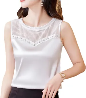Women's Beaded Tank Top Summer Silk Satin Shirt Round Neck Sleeveless Camisole