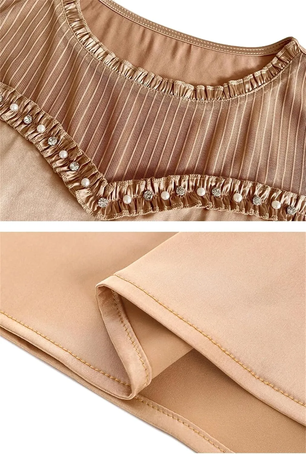 Women's Beaded Tank Top Summer Silk Satin Shirt Round Neck Sleeveless Camisole