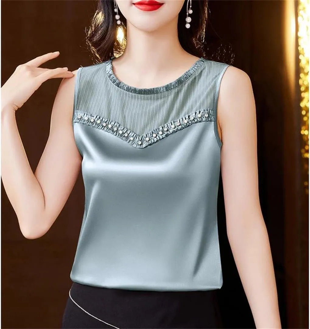 Women's Beaded Tank Top Summer Silk Satin Shirt Round Neck Sleeveless Camisole