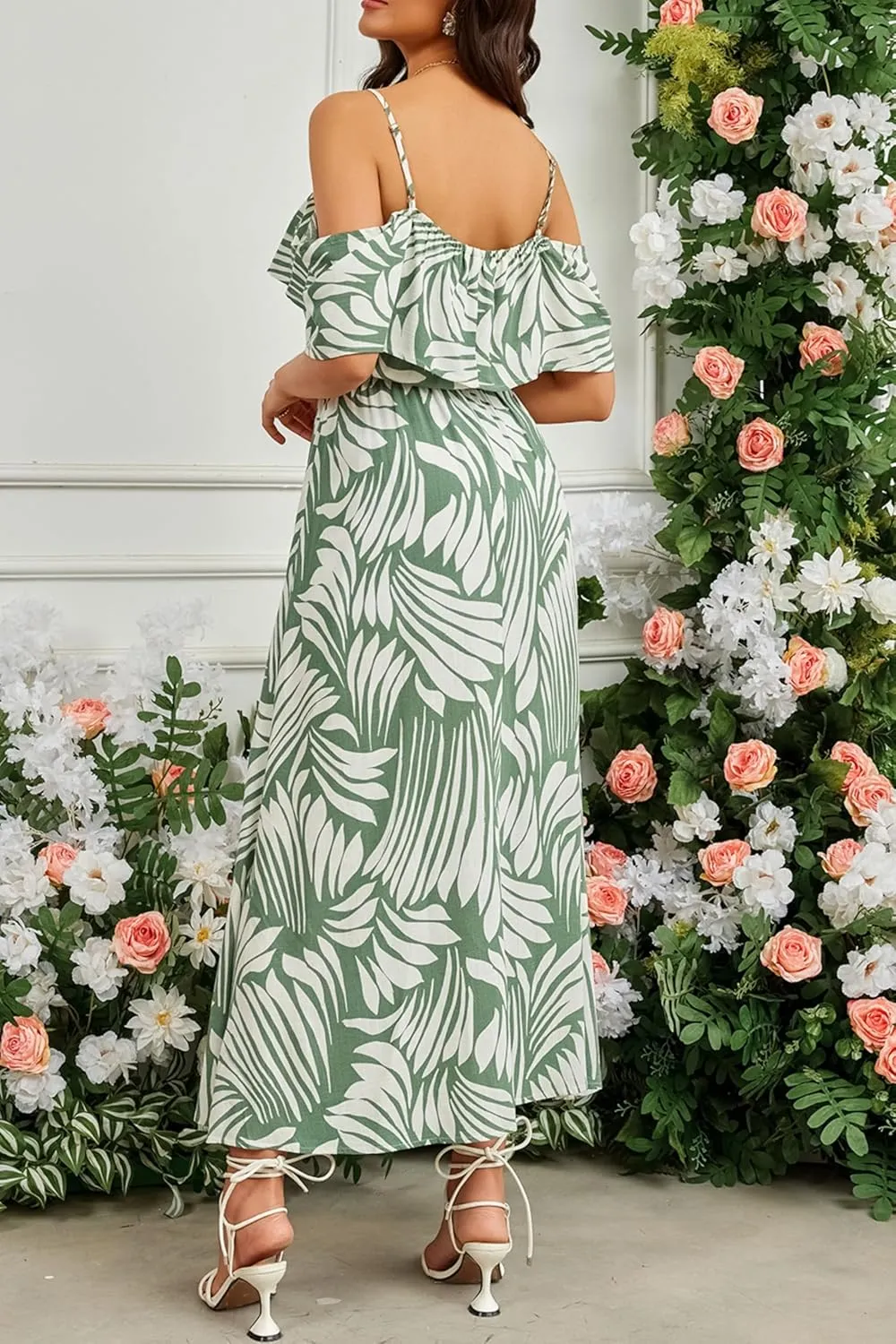 Women's Bohemian Off The Shoulder Elastic Waist A-Line Vacation Maxi Beach Dress