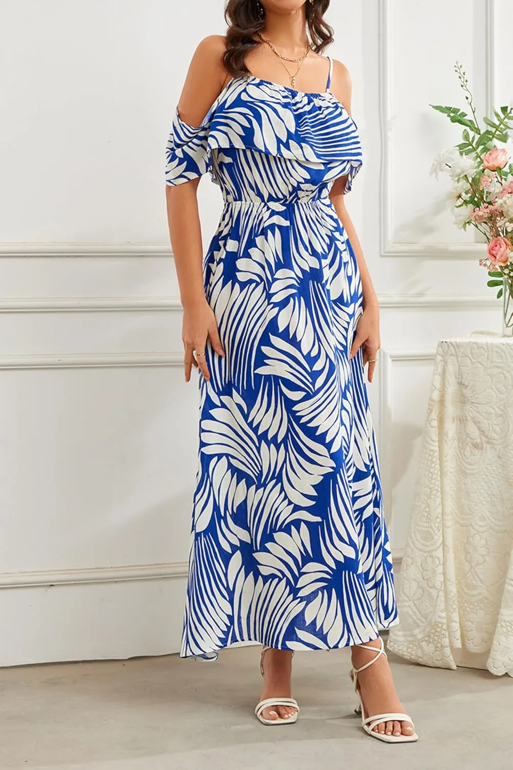 Women's Bohemian Off The Shoulder Elastic Waist A-Line Vacation Maxi Beach Dress