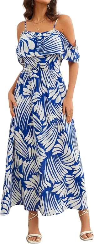 Women's Bohemian Off The Shoulder Elastic Waist A-Line Vacation Maxi Beach Dress