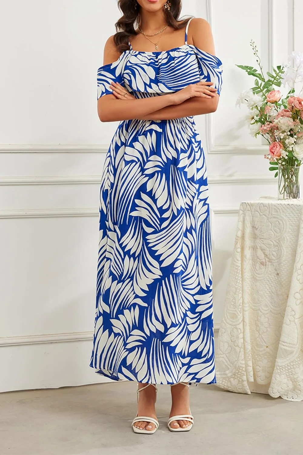 Women's Bohemian Off The Shoulder Elastic Waist A-Line Vacation Maxi Beach Dress