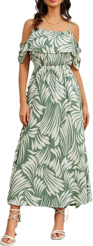 Women's Bohemian Off The Shoulder Elastic Waist A-Line Vacation Maxi Beach Dress