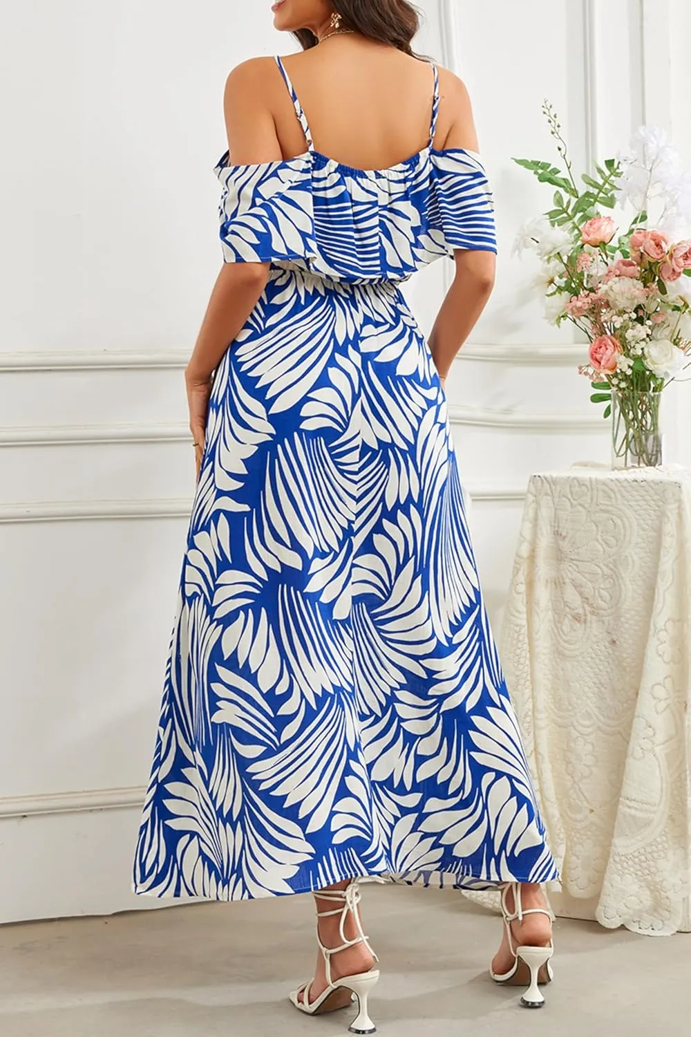Women's Bohemian Off The Shoulder Elastic Waist A-Line Vacation Maxi Beach Dress