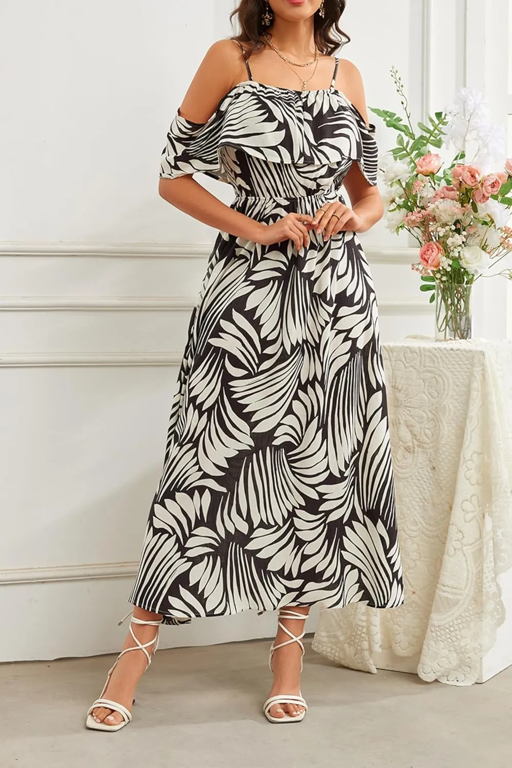 Women's Bohemian Off The Shoulder Elastic Waist A-Line Vacation Maxi Beach Dress