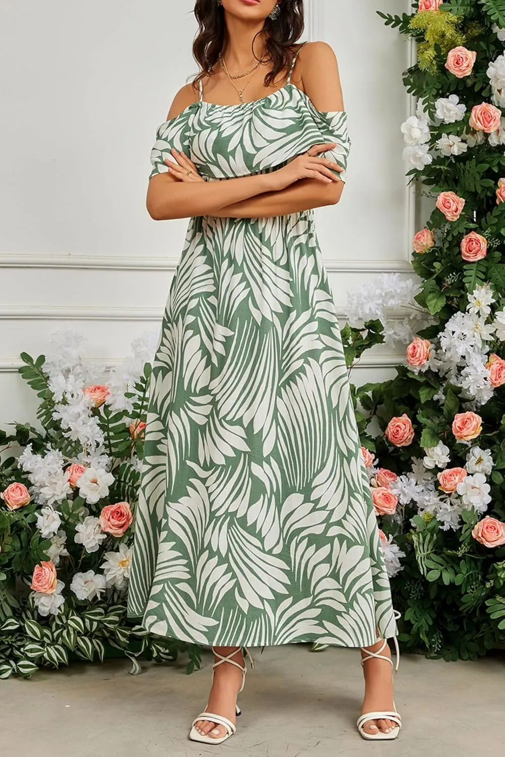 Women's Bohemian Off The Shoulder Elastic Waist A-Line Vacation Maxi Beach Dress
