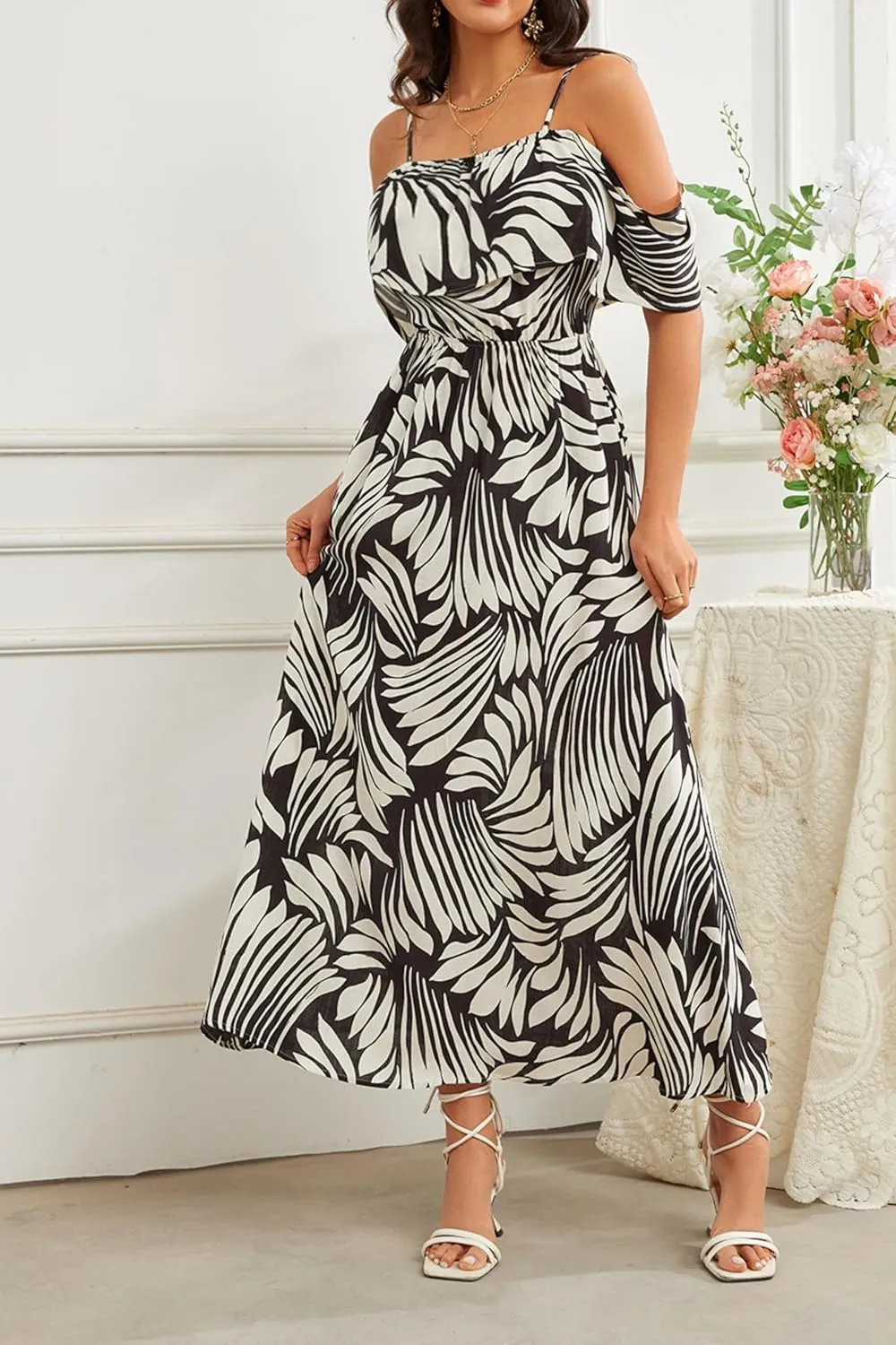 Women's Bohemian Off The Shoulder Elastic Waist A-Line Vacation Maxi Beach Dress