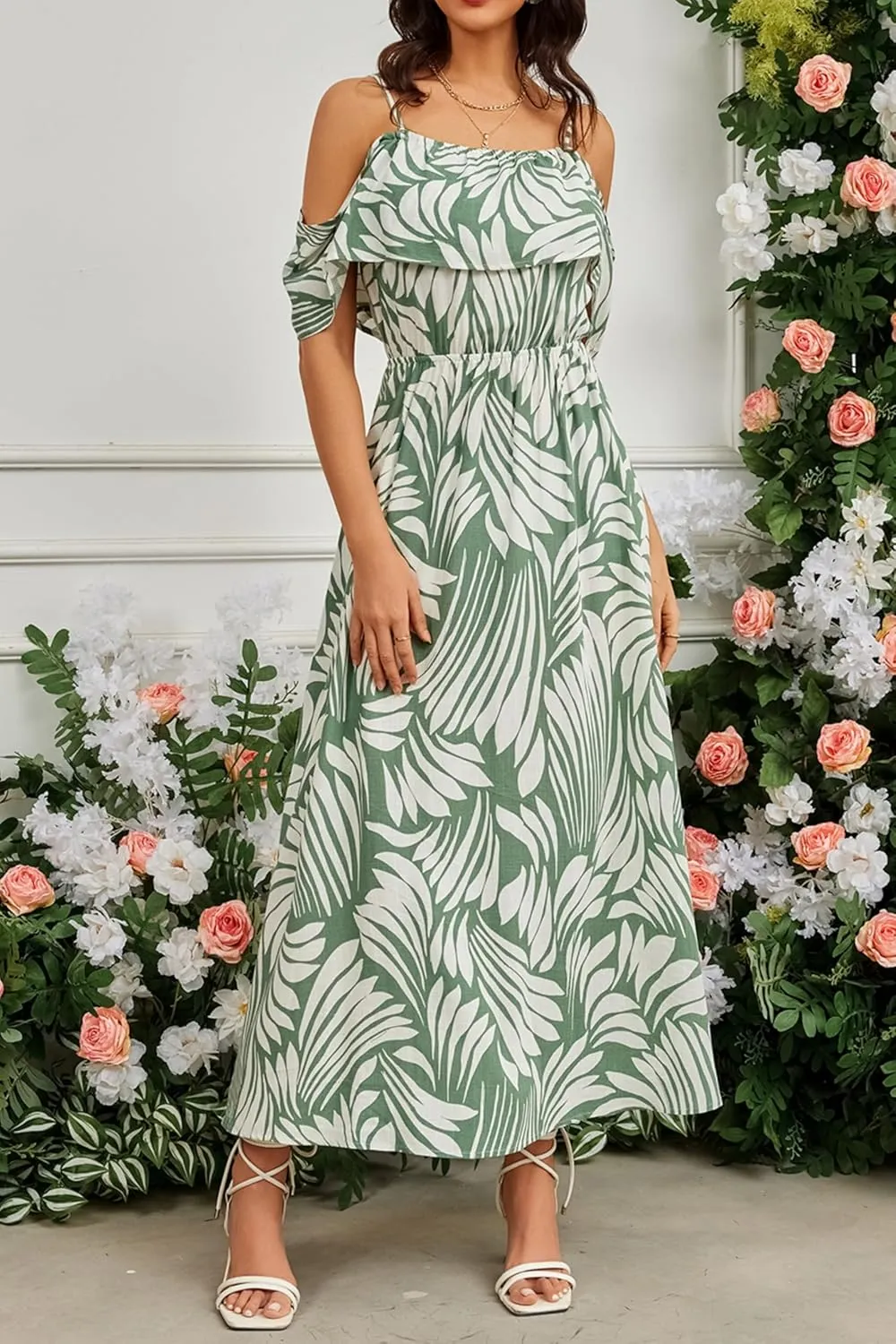 Women's Bohemian Off The Shoulder Elastic Waist A-Line Vacation Maxi Beach Dress