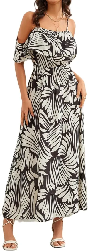 Women's Bohemian Off The Shoulder Elastic Waist A-Line Vacation Maxi Beach Dress