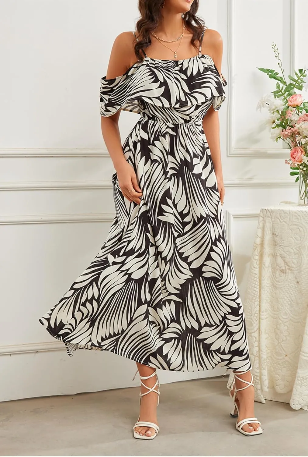 Women's Bohemian Off The Shoulder Elastic Waist A-Line Vacation Maxi Beach Dress
