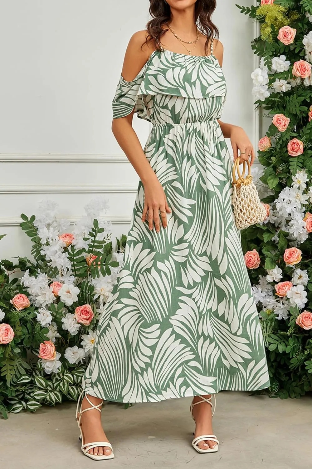 Women's Bohemian Off The Shoulder Elastic Waist A-Line Vacation Maxi Beach Dress