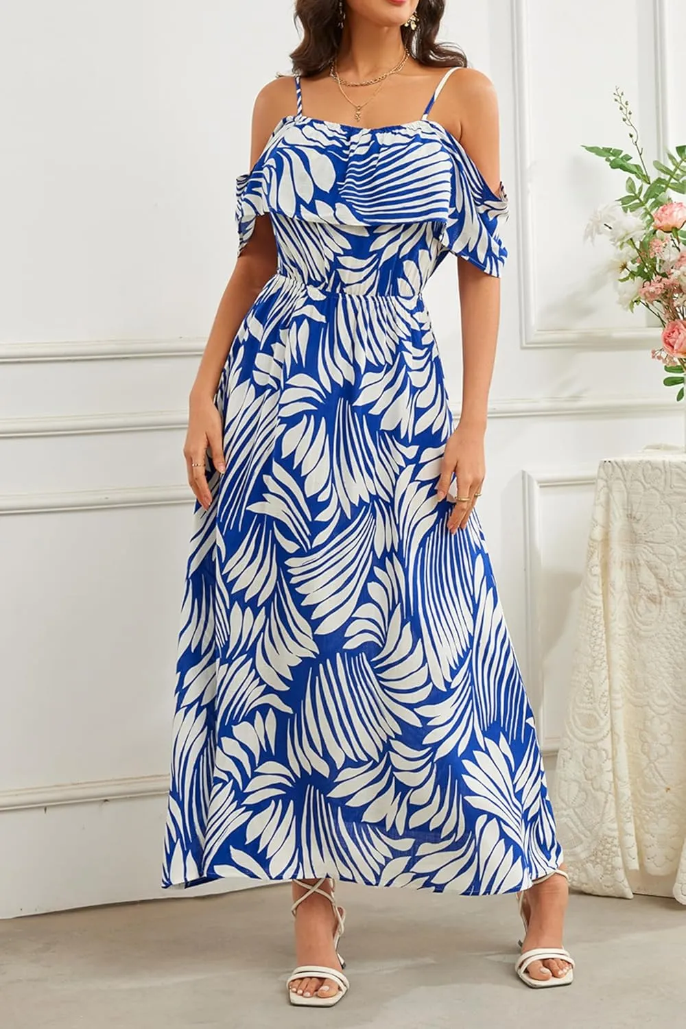 Women's Bohemian Off The Shoulder Elastic Waist A-Line Vacation Maxi Beach Dress