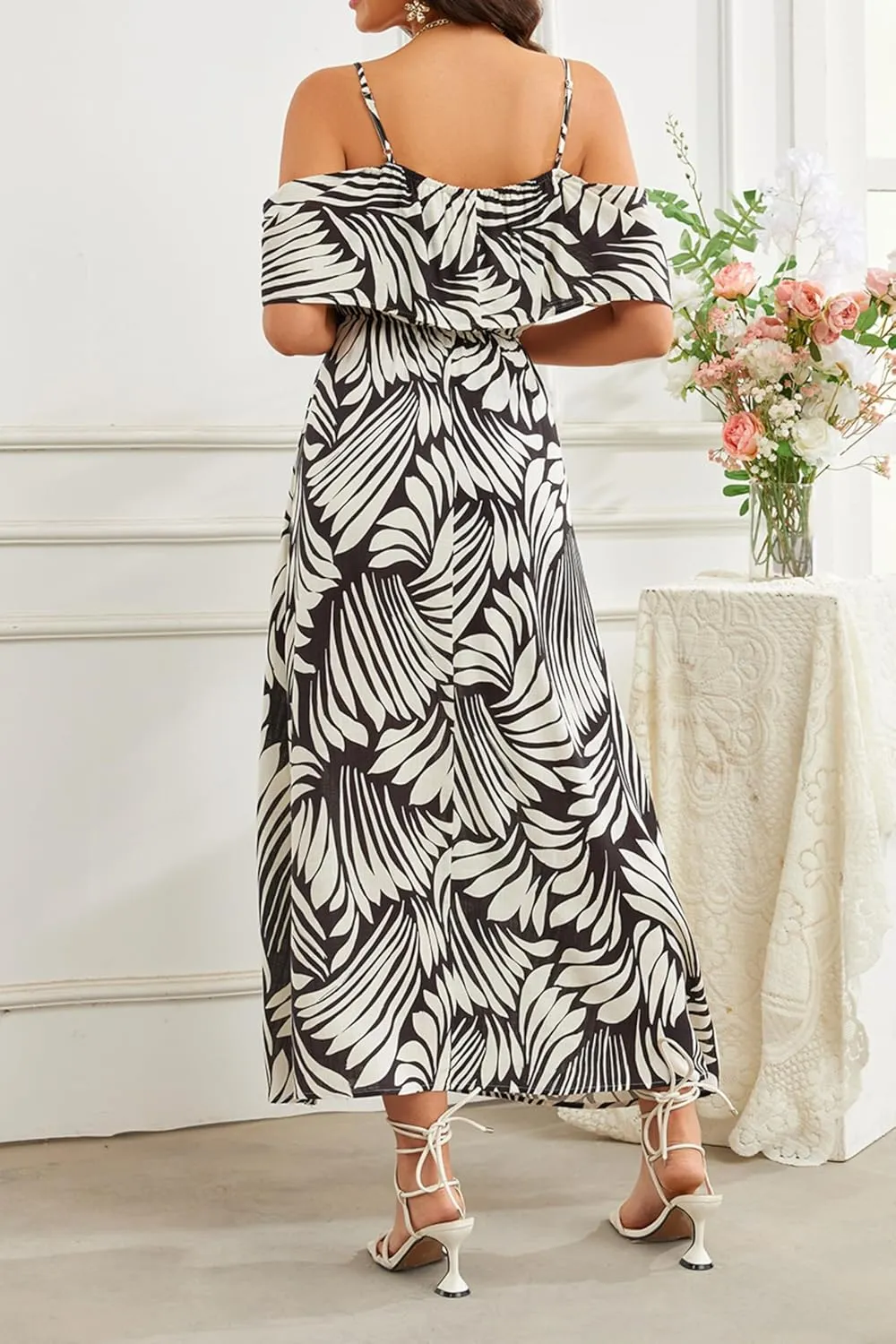 Women's Bohemian Off The Shoulder Elastic Waist A-Line Vacation Maxi Beach Dress