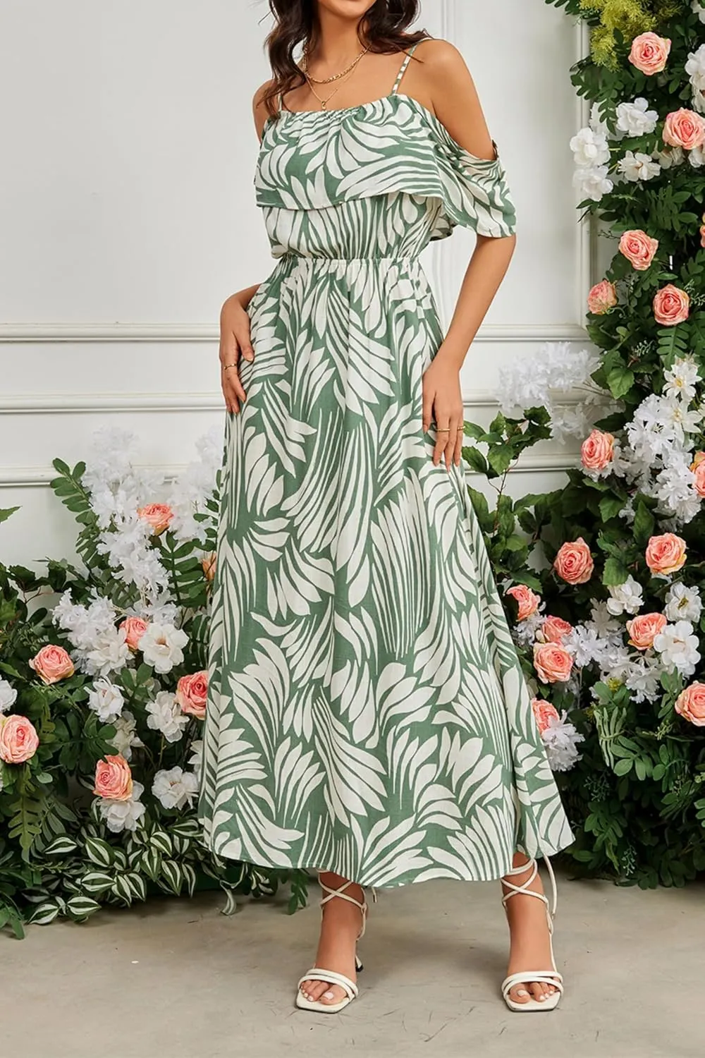 Women's Bohemian Off The Shoulder Elastic Waist A-Line Vacation Maxi Beach Dress