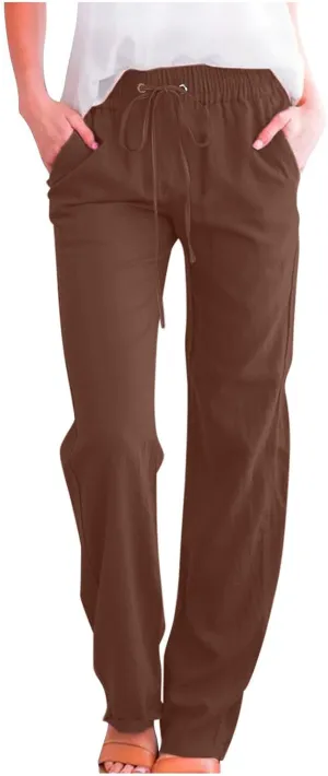Womens Casual Linen Pants High Waist Drawstring Loose Fit Summer Pants Comfy Straight Leg Trousers with Pockets