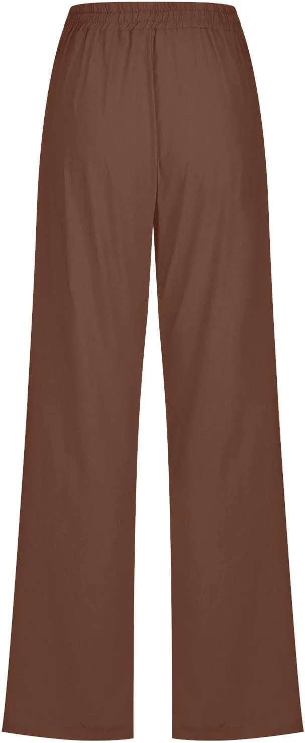 Womens Casual Linen Pants High Waist Drawstring Loose Fit Summer Pants Comfy Straight Leg Trousers with Pockets