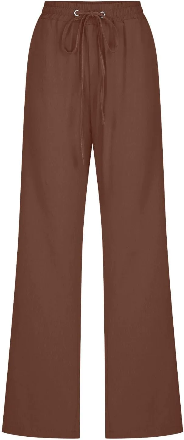 Womens Casual Linen Pants High Waist Drawstring Loose Fit Summer Pants Comfy Straight Leg Trousers with Pockets