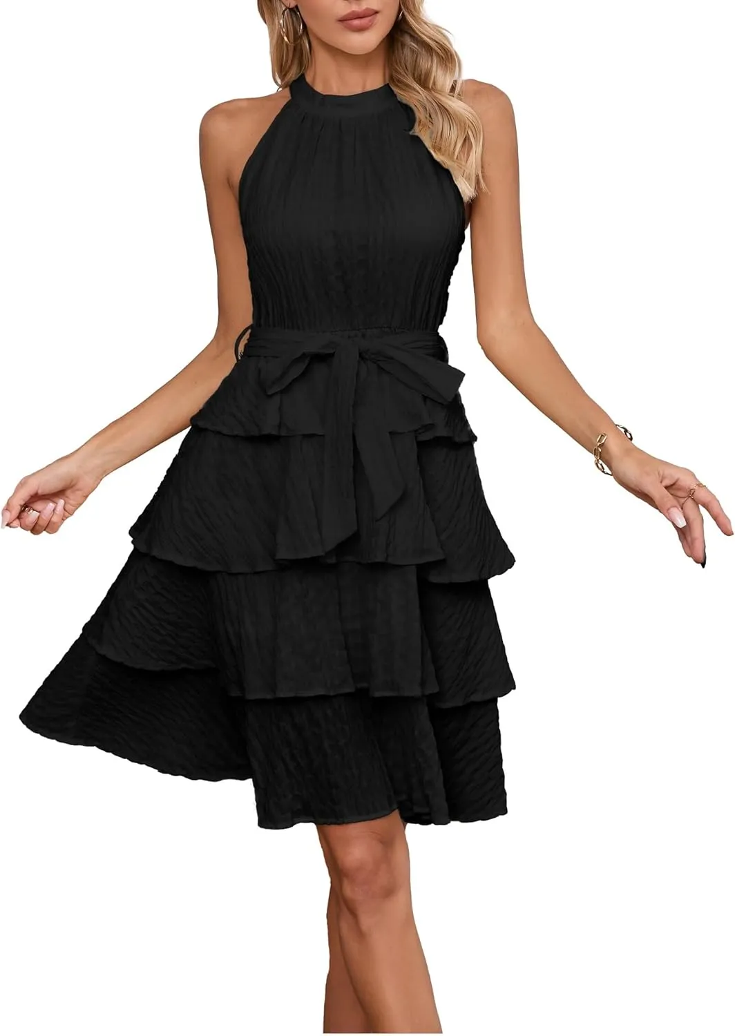 Womens Casual Summer Sleeveless Halter Neck Layered Ruffle A Line Mini Dress with Belt