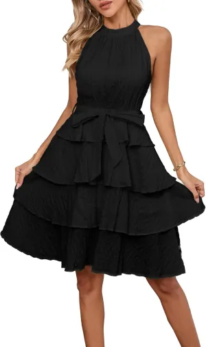 Womens Casual Summer Sleeveless Halter Neck Layered Ruffle A Line Mini Dress with Belt