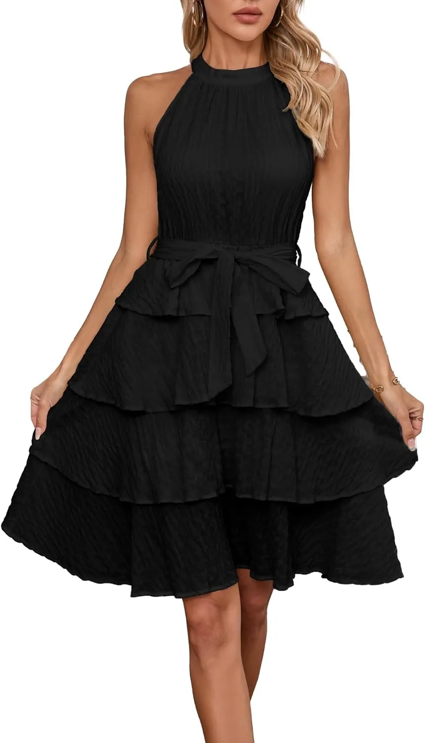 Womens Casual Summer Sleeveless Halter Neck Layered Ruffle A Line Mini Dress with Belt